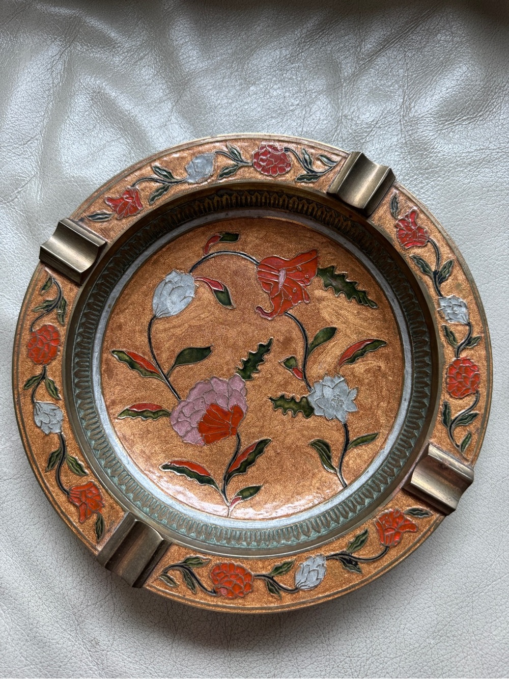 Enameled Floral Solid Brass AshtrayEmbossed Floral Design 4 Slot Vintage MCM 10”